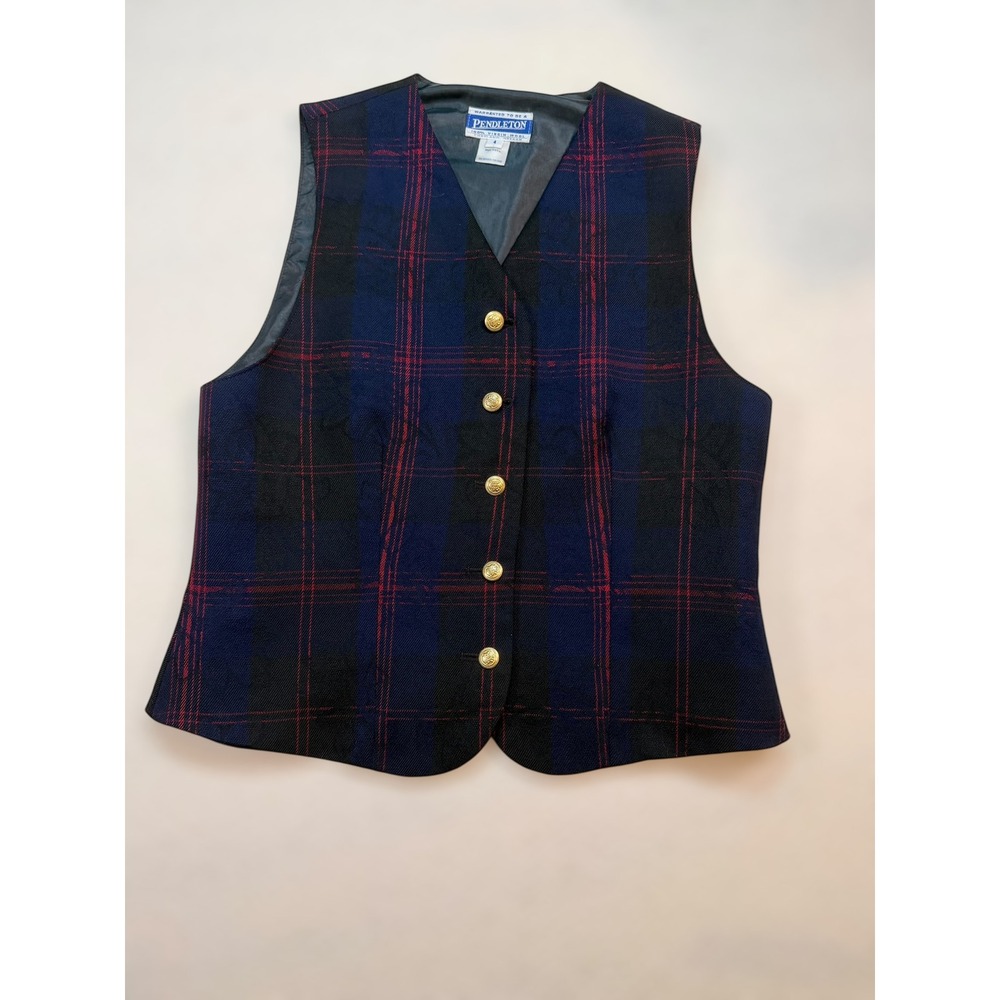 Pendleton Mens Plaid Virgin Wool Vest‎ Navy Blue Red Gold Crest Buttons USA Made